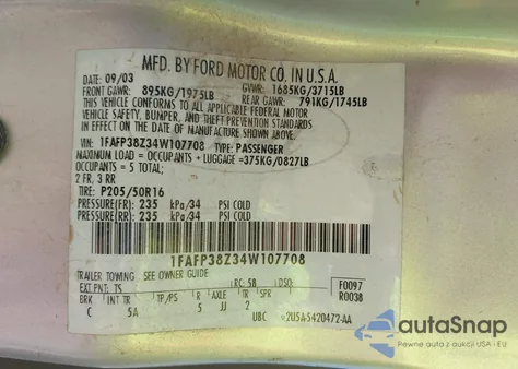 2004 Ford Focus Zts z USA, uszkodzony, nr VIN 1FAFP38Z34W107708